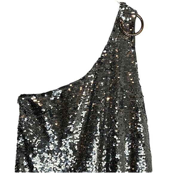 NEW Anthropologie Maeve Sequin One Shoulder Ruffle Midi Dress Silver - Picture 7 of 13
